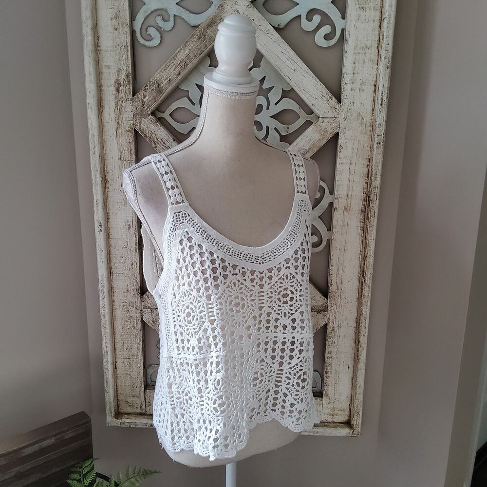 143 Story Womens Sleeveless Cotton Sheer Open Crochet Crop Tank Top in Off White